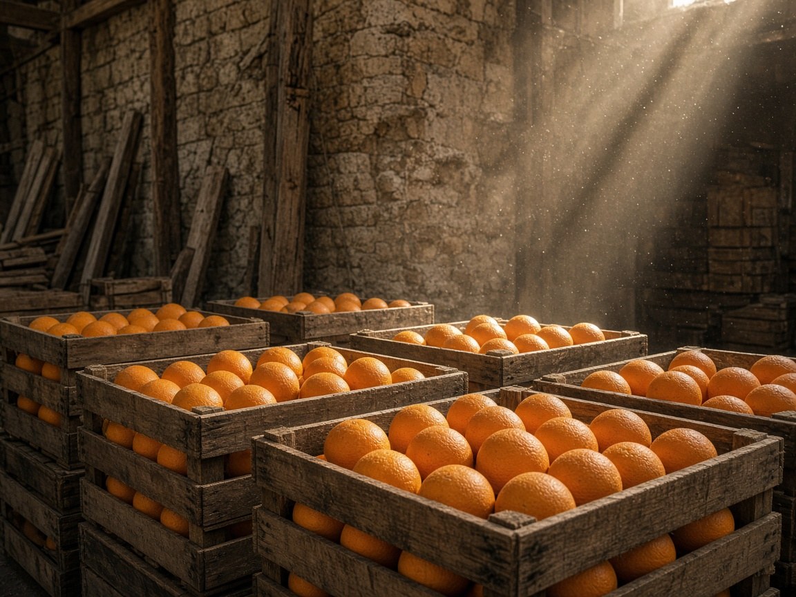 Stacked wooden crates stencilled for Jaffa oranges