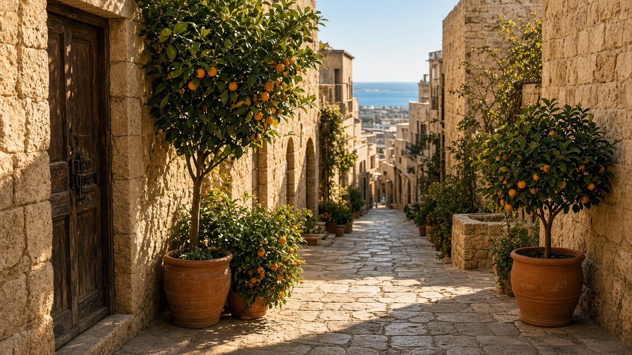 A Jaffa alley with potted citrus trees against limestone walls