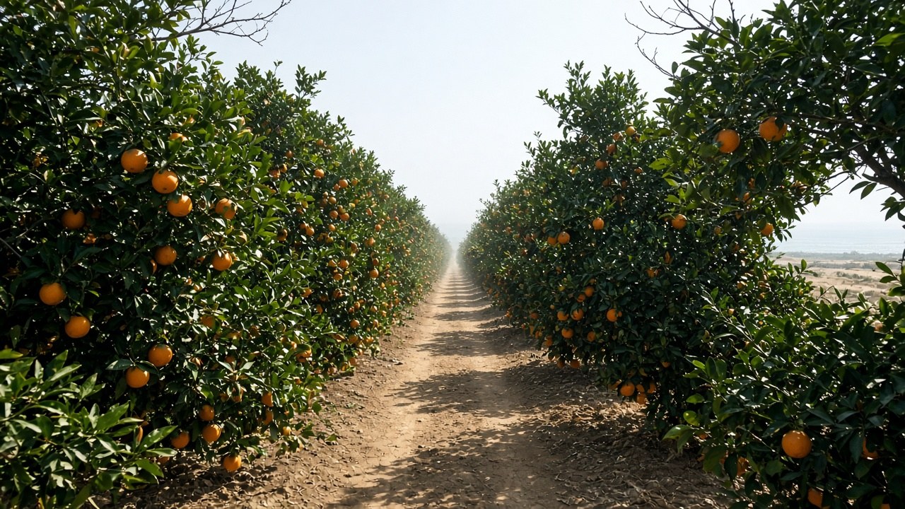 A walker among citrus trees with a harvest basket