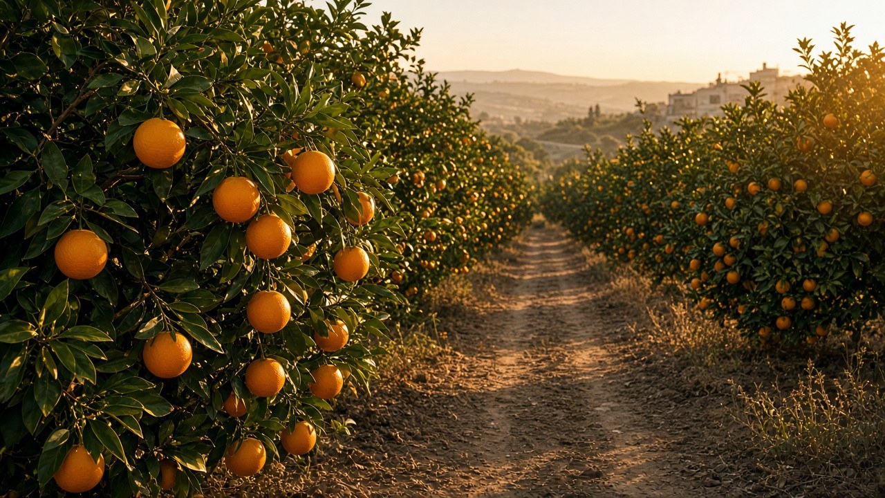 Rows of Shamouti orange trees in a Jaffa grove under late-morning light
