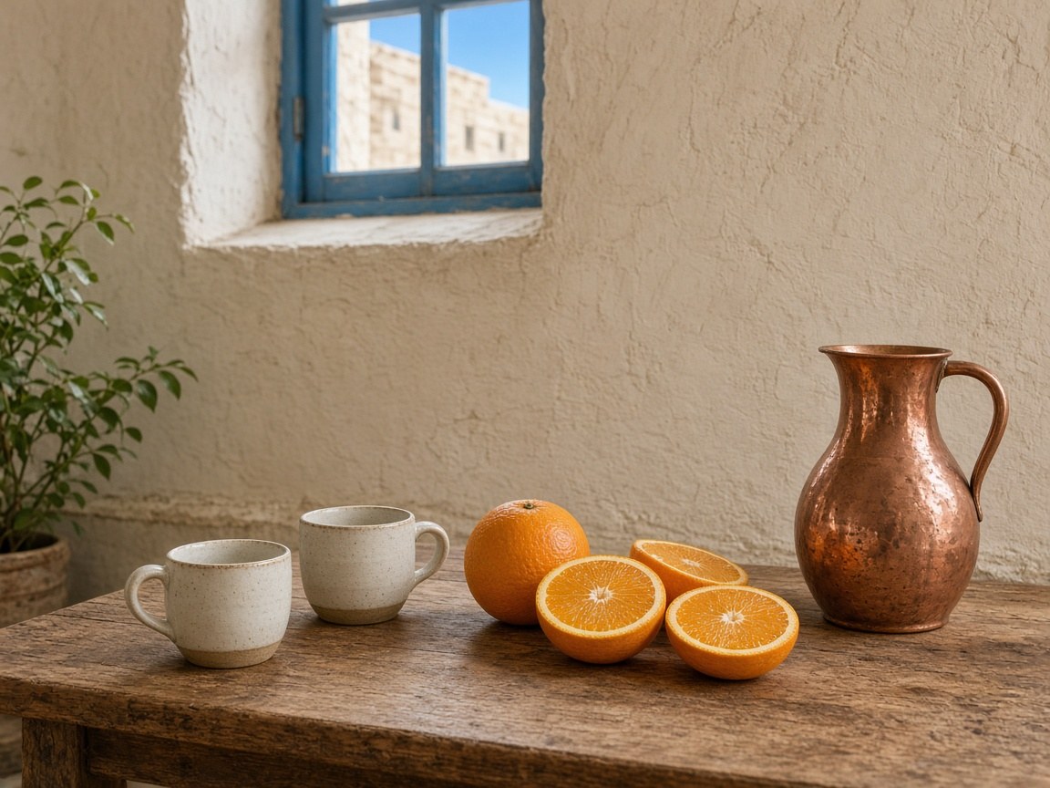 Tasting room of Jaffa Citrus Press with shelves of jars and a copper pan