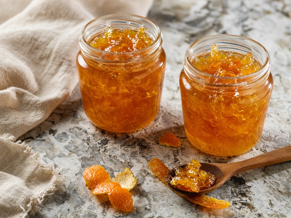 Amber jars of Jaffa orange marmalade lined on a wooden shelf