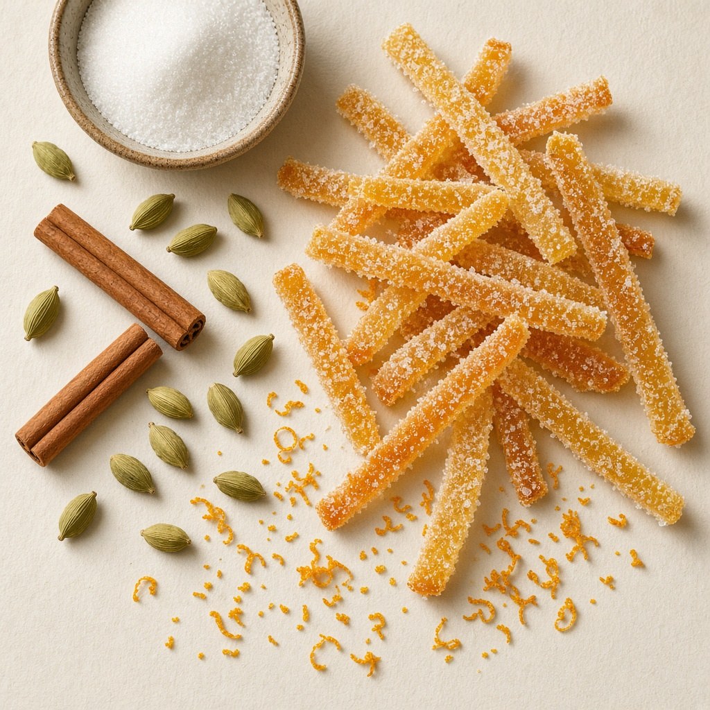 Still life of candied citrus peel on paper