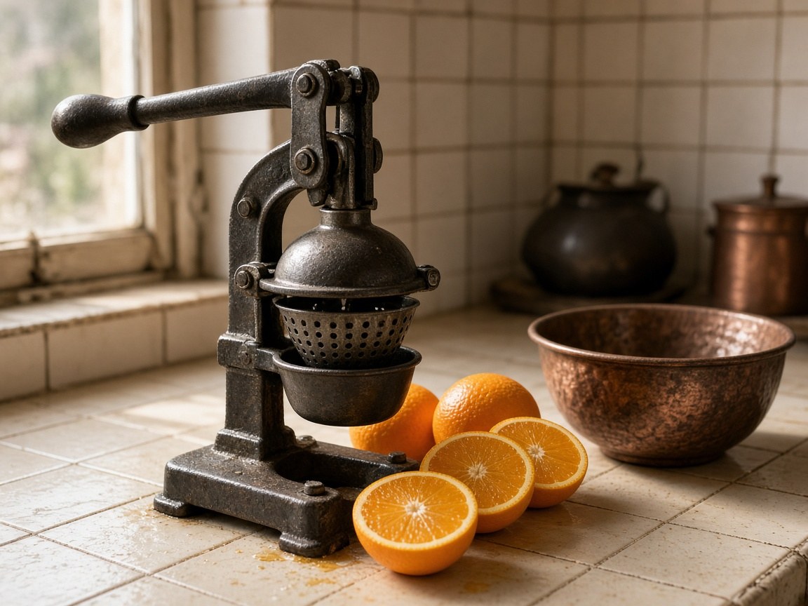 Vintage cast-iron citrus press with a worn wooden handle